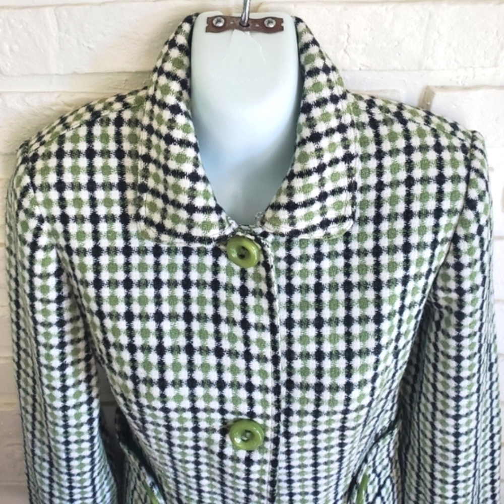 Retro Green Black Plaid 3/4 Length Tailored Coat Jacket Size Medium - Picture 6 of 16